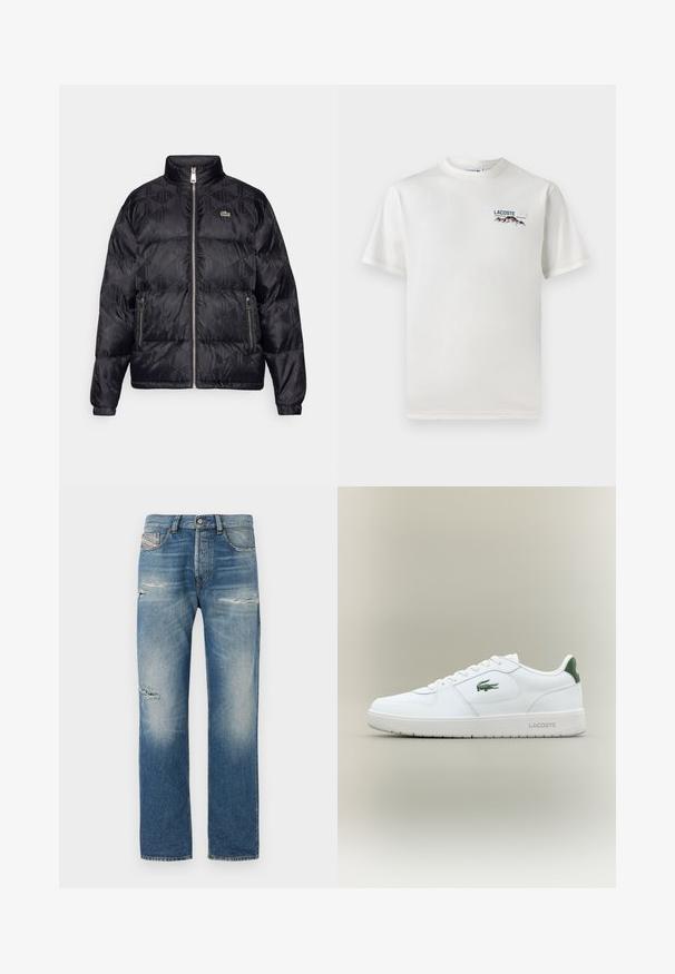 Lacoste Chaqueta de plumas - black; Camiseta de algodón blanca con cuello redondo, mangas cortas y un pequeño logotipo bordado que presenta montañas y texto en el lado izquierdo del pecho.; Jeans de mezclilla azul claro con corte recto, que presentan áreas desgastadas y decoloración. Diseño estándar de cinco bolsillos con cierre de botón.; Zapatilla de cuero blanca con un acabado suave, acentos verdes en el talón y un logotipo verde en el lateral. Presenta una suela plana y una puntera redonda.