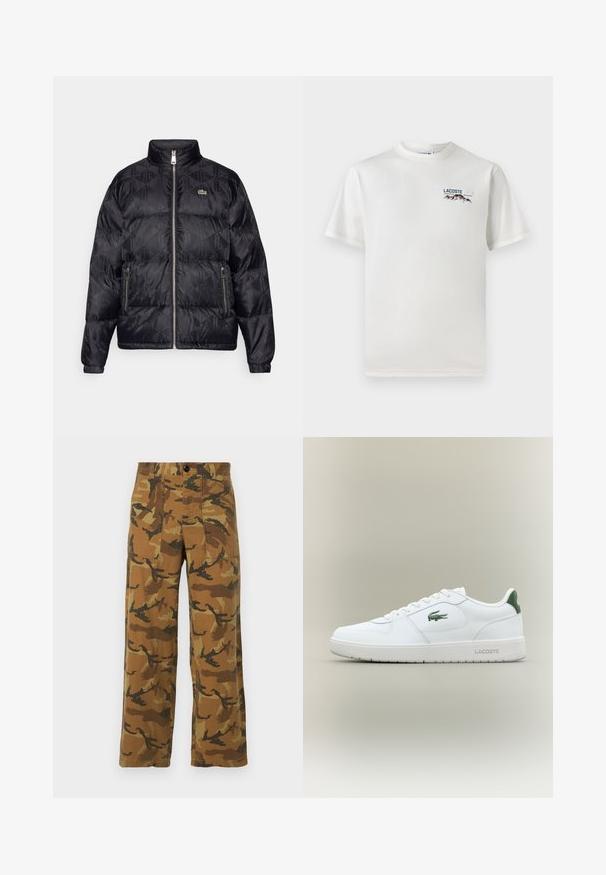 Lacoste Gewatteerde jas - black; Witte katoenen T-shirt met een ronde hals, korte mouwen en een klein geborduurd logo met bergen en tekst op de linkerborst.; Camo-gepatroneerde cargobroek in bruin- en groentinten, gemaakt van lichtgewicht stof, met vier zakken en een knoopsluiting.; Witte leren sneaker met een gladde afwerking, groene accenten op de hak en een groen logo aan de zijkant. Beschikt over een platte zool en een ronde neus.