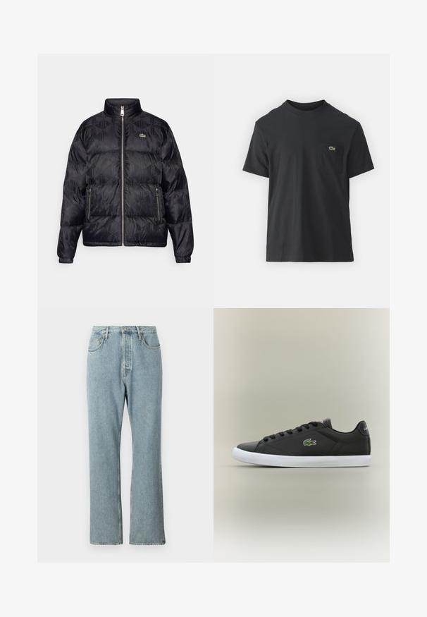 Lacoste Jachetă cu puf - black; Tricou din bumbac negru, cu mâneci scurte, decolteu rotund și un mic logo verde pe buzunarul stâng al pieptului. Design simplu, fit normal.; Jeans din denim de un albastru deschis, cu talie înaltă, picioare drepte și largi, și cusături simple. Include cinci buzunare și un sistem de închidere clasic cu buton.; Tenisi negri din piele cu talpă din cauciuc alb, având un logo verde de crocodil și șireturi rotunde, design elegant cu textură fină.