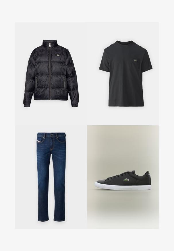 Lacoste Jakna ispunjena paperjem - black; Crna pamučna majica s kratkim rukavima, okruglim izrezom i malim zelenim logotipom na lijevoj strani džepa. Jednostavan dizajn, regularni kroj.; Tamno plave traperice s ravnim nogavicama, s narančastim šavovima i malom oznakom branda na stražnjem džepu.; Crne kožne tenisice s bijelim gumenim potplatom, s zelenim krokodilom kao logotipom i okruglim vezicama, elegantnog dizajna s glatkom teksturom.
