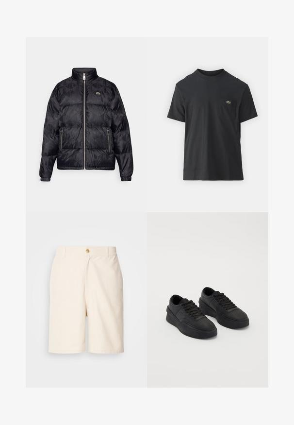Lacoste Bunda z prachového peří - black; Černé bavlněné tričko s krátkým rukávem, kulatým výstřihem a malým zeleným logem na levé kapse. Jednoduchý design, klasický střih.; Les Deux JOHNNY CASUAL - Šortky - ivory; Černé tenisky vyrobené z hladké kůže s polstrovanou podrážkou. Mezi vlastnosti patří ploché tkaničky, perforace na špičce a elegantní silueta.