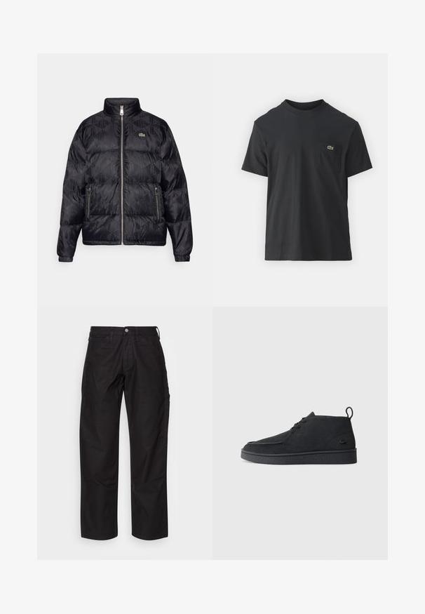 Lacoste Jakna ispunjena paperjem - black; Crna pamučna majica s kratkim rukavima, okruglim izrezom i malim zelenim logotipom na lijevoj strani džepa. Jednostavan dizajn, regularni kroj.; Crne pamučne hlače ravnog kroja, s kopčanjem na dugme i prednjim džepovima. Glatka tekstura, bez vidljivih uzoraka ili dekoracija.; Crne antilop čizme do gležnja sa vezicama, kopčom za povlačenje i teksturiranom potplatom, s malim utisnutim logom krokodila sa strane.
