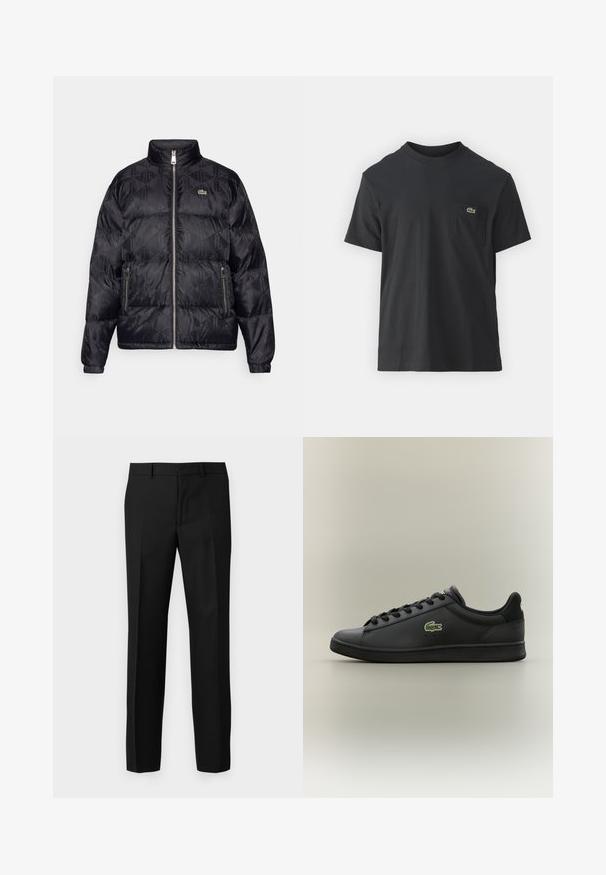 Lacoste Tollkabát - black; Fekete pamut póló rövid ujjakkal, kerek nyakú, bal oldalon egy kis zöld logóval a zseb fölött. Egyszerű dizájn, normál szabású.; Fekete szabott nadrág sima textúrával, egyenes szárú kialakítással, elülső redőkkel és lapos derékkal. Nincsenek látható zsebek.; Fekete, alacsony szárú bőr sneaker fekete fűzőkkel, az oldalán zöld krokodil logóval, egy egyszerű, semleges háttér előtt.