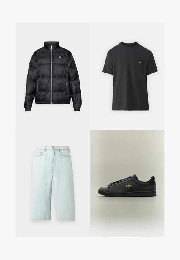 Lacoste Daunenjacke - black; Schwarz Baumwoll-T-Shirt mit kurzen Ärmeln, rundem Ausschnitt und einem kleinen grünen Logo auf der linken Brusttasche. Einfaches Design, reguläre Passform.; Samsøe Samsøe ROGER - Jeans Shorts - surf spray; Schwarzer, niedrig geschnittener Ledersneaker mit schwarzen Schnürsenkeln, der ein grünes Krokodil-Logo an der Seite trägt, vor einem schlichten, neutralen Hintergrund.