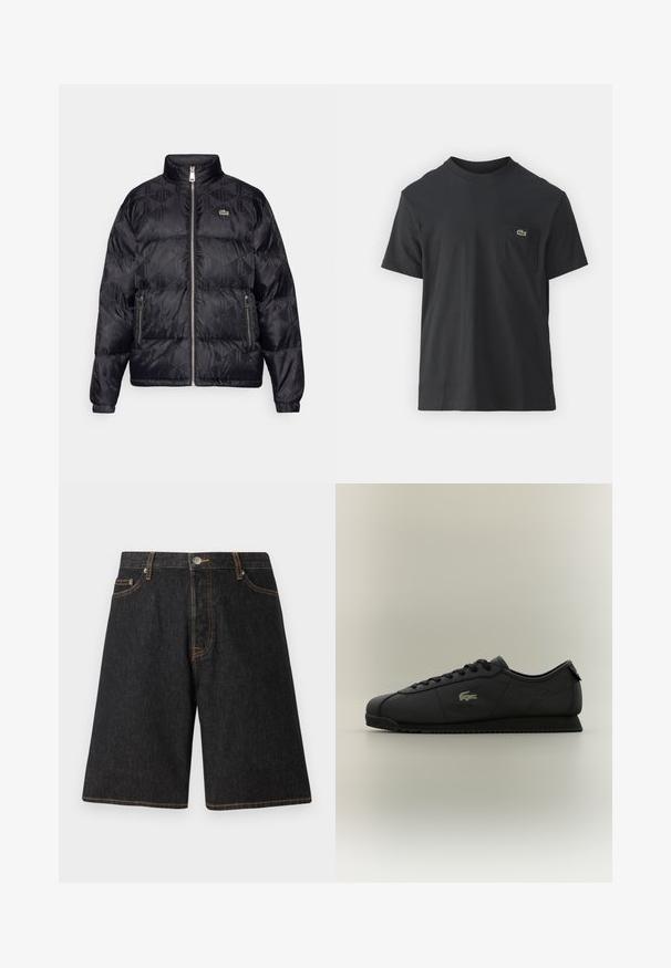 Lacoste Down jacket - black; Black cotton t-shirt with short sleeves, round neckline, and a small green logo on the left chest pocket. Simple design, regular fit.; Black denim shorts with a straight leg cut, featuring orange stitching, five pockets, and a metal button closure at the waistband.; Black low-top sneaker with lace-up front, textured sole, and gold crocodile logo on the side.