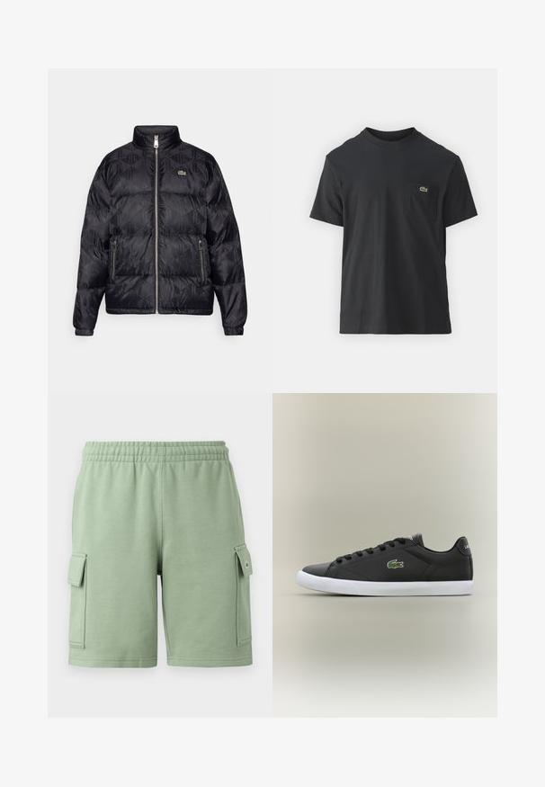 Lacoste Puhovka - black; Črna bombažna majica s kratkimi rokavi, okroglo ovratnikom in majhnim zelenim logotipom na levem žepu. Preprost dizajn, redna prileganje.; Zelene bombažne kratke hlače z elastičnim pasom, dvema stranskima žepoma ter majhnim logotipom na levem žepu.; Črne usnjene superge z belo gumijasto podplatom, z zelenim krokodiljim logotipom in okroglimi vezalkami, elegantna zasnova z gladko teksturo.