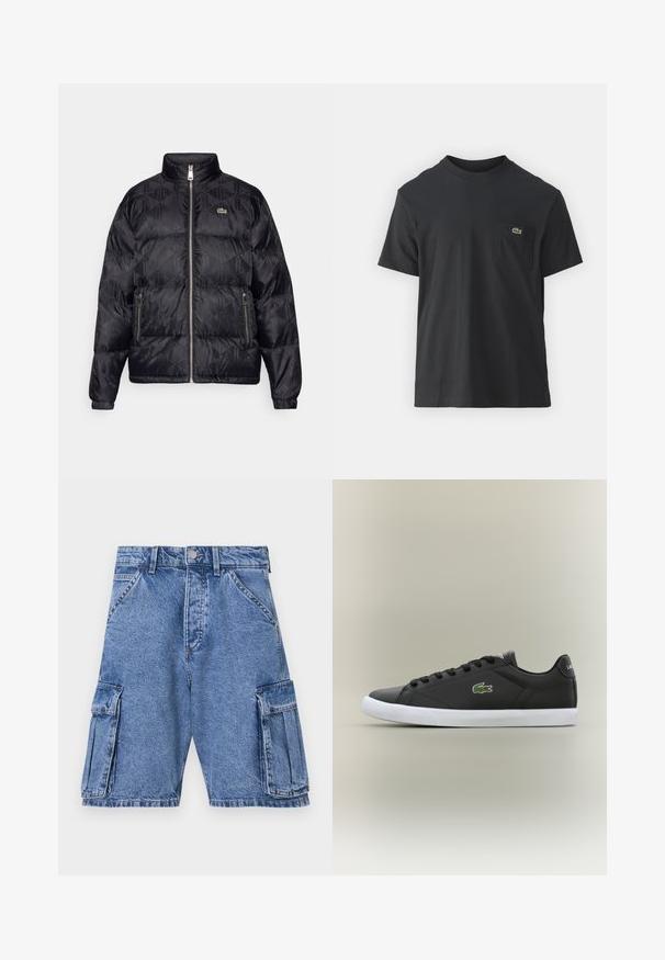 Lacoste Sulejope - black; Must musta T-särk lühikeste varrukatega, ümmarguse kaelusega ja väikese rohelise logoga vasakus rinnataskus. Lihtne disain, regulaarne lõige.; Sinise teksatooted, kõrge vöökoht, mitmed külje-kotid ja klassikaline viie tasku disain. Kivipesu tekstuur.; Mustad mustad nahast tennisetossud valge kummist tallaga, millel on roheline krokodillilogo ja ümmargused paelad, stiilne disain sujuva tekstuuriga.