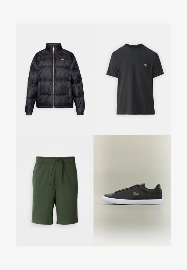 Lacoste Puhovka - black; Črna bombažna majica s kratkimi rokavi, okroglo ovratnikom in majhnim zelenim logotipom na levem žepu. Preprost dizajn, redna prileganje.; Temnozeleni kratki hlače z elastičnim pasom, detajlom vezice, žepi in mehkim bombažnim materialom. Dolžina do sredine stegna.; Črne usnjene superge z belo gumijasto podplatom, z zelenim krokodiljim logotipom in okroglimi vezalkami, elegantna zasnova z gladko teksturo.