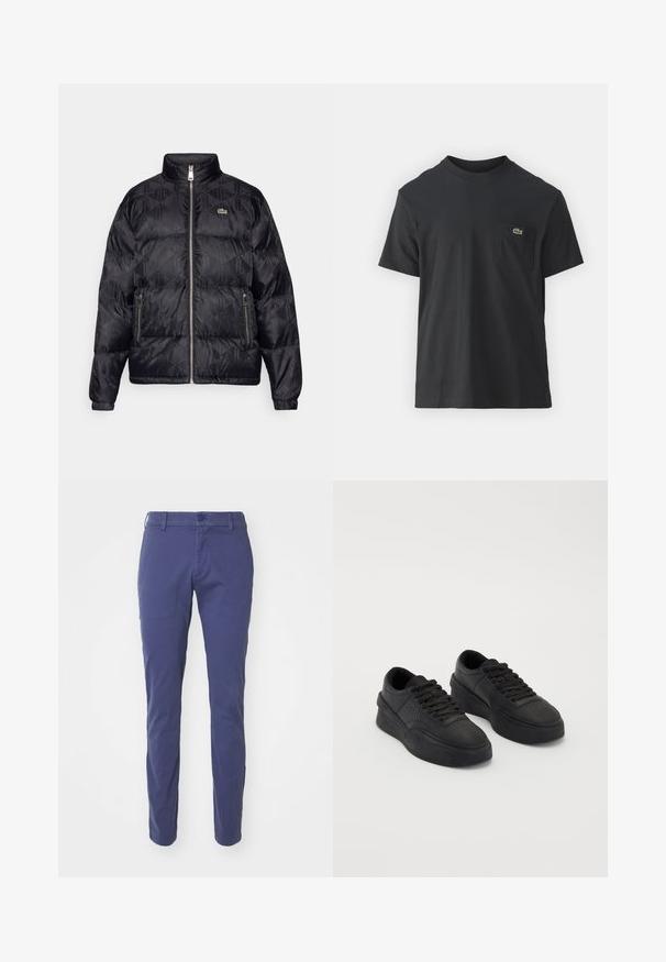 Lacoste Puhovka - black; Črna bombažna majica s kratkimi rokavi, okroglo ovratnikom in majhnim zelenim logotipom na levem žepu. Preprost dizajn, redna prileganje.; Mornarsko modri hlače z ožjim krojem, z gumbom za zapiranje, zankami za pas in gladko teksturo bombažnega blaga.; Par črne nizke platformske superge s vezalkami, debelim podplatom in perforacijami na prednjem delu proti enobarvni podlagi.