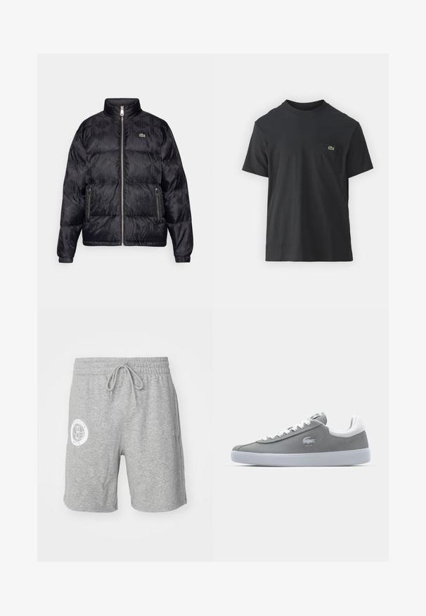 Lacoste Casaco de penas - black; Camiseta de algodão preta com mangas curtas, decote redondo e um pequeno logo verde no bolso do peito esquerdo. Design simples, corte regular.; Calções atléticos cinzentos em algodão com um cós elástico, cordão, bolsos laterais e um logo circular branco dos "Brooklyn Nets" na coxa esquerda.; Tenis de camurça cinza com sola de borracha branca e atacadores. Apresenta um pequeno logotipo e um detalhe verde na língua. Design de cano baixo, textura suave.