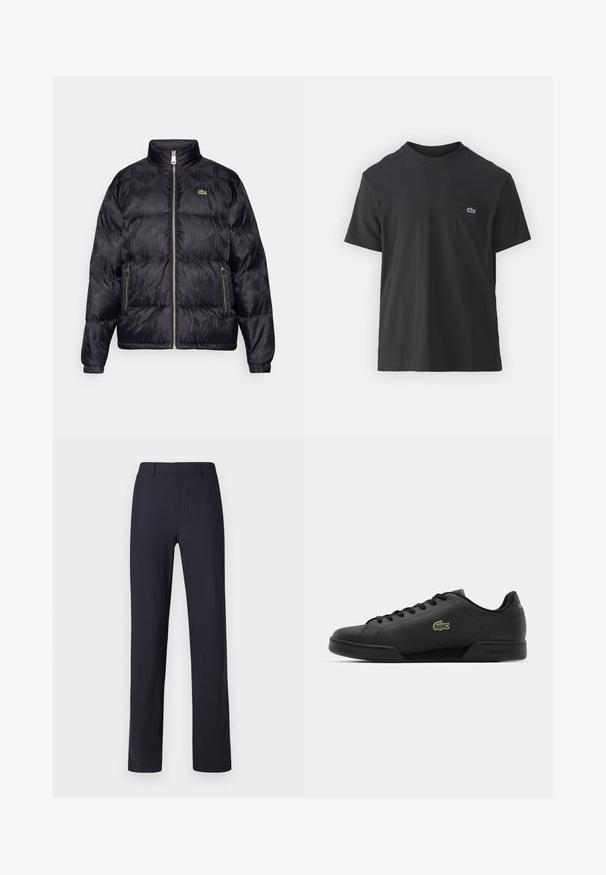 Lacoste Casaco de penas - black; Camiseta de algodão preta com mangas curtas, decote redondo e um pequeno logo verde no bolso do peito esquerdo. Design simples, corte regular.; Calças azul-marinho feitas de tecido suave, com fecho dianteiro de botão, cintura tradicional e design de perna reta.; Sapatilha preta feita de pele lisa com bico redondo, fechamento em atacadores e logótipo de crocodilo verde bordado na lateral. Sola de borracha.