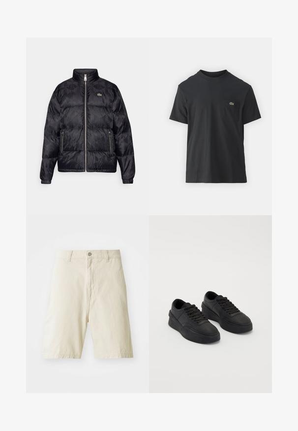 Lacoste Doudoune - black; T-shirt en coton noir à manches courtes, col rond, avec un petit logo vert sur la poche gauche de la poitrine. Design simple, coupe regular.; Shorts en coton beige avec une coupe droite, une fermeture à bouton et à zip, deux poches avant, et une texture unie. Pas de motifs ou d'accents visibles.; Baskets noires en cuir lisse avec une semelle rembourrée. Les caractéristiques comprennent des lacets plats, des perforations sur la pointe et une silhouette élégante.