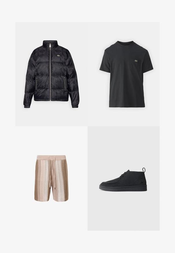 Lacoste Untuvatakki - black; Mustat puuvillapaidat, joissa on lyhyet hihat, pyöreä pääntie ja pieni vihreä logo vasemmassa rintataskussa. Yksinkertainen muotoilu, normaali istuvuus.; Beige neulotut uima shortsit, joissa on vaakasuorat raidoitukset vaaleammissa sävyissä, joustava vyötärönyöri ja tekstuuri.; Mustat mokka nauhalla suljettavat nilkkasaappaat, joissa on vetotappi ja teksturoitu pohja, sekä pieni kohokuvioitu krokotiililogo sivulla.