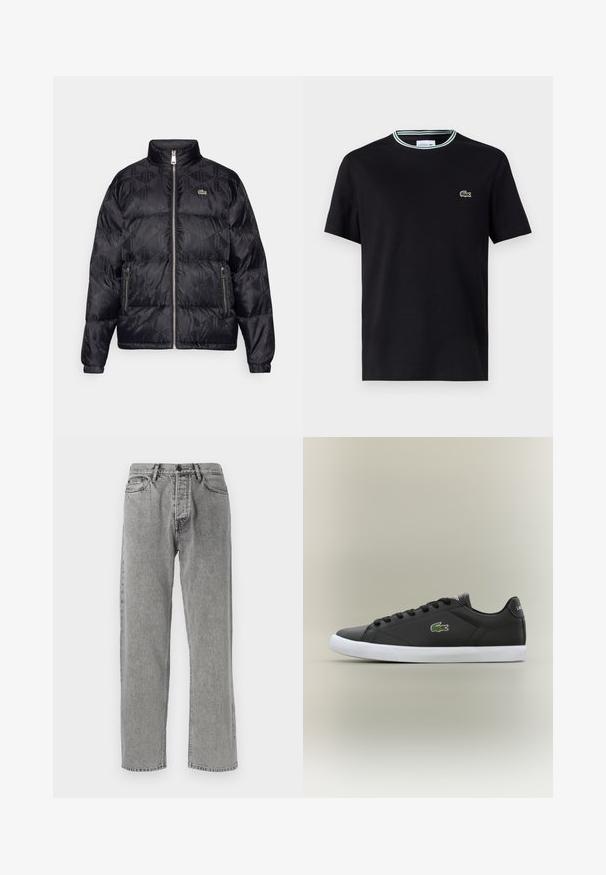 Lacoste Bunda z prachového peří - black; Černé bavlněné tričko s kulatým výstřihem, se zeleno-bílým pruhovaným lemem a vyšitým zeleným krokodýlím logem na levém hrudníku.; Šedé džíny s rovnými nohavicemi, s klasickým pětipocket stylem, viditelným šitím a zapínáním na zip s knoflíkem.; Černé kožené tenisky s bílou gumovou podrážkou, se zeleným logem krokodýla a kulatými tkaničkami, elegantní design s hladkým povrchem.