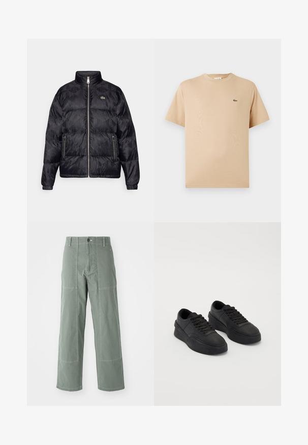 Lacoste Pūkinė striukė - black; Šviesiai rudos spalvos medvilninė t-shirt marškinėliai su apvaliu kaklu, trumpomis rankovėmis; ant kairės pusės yra mažas, siuvinėtas žalias krokodilo logotipas.; Žalios cargo kelnės su laisvu siluetu, turinčios kišenes su antklodėmis, kontrastines siūles, priekinį mygtuką uždarymui ir tiesų kelnių modelį.; Juodi sportbačiai, pagaminti iš lygaus odos, su paminkštintu padu. Ypatybės: plokščios raišteliai, perforacijos ant pirštų srities ir elegantiška siluetas.