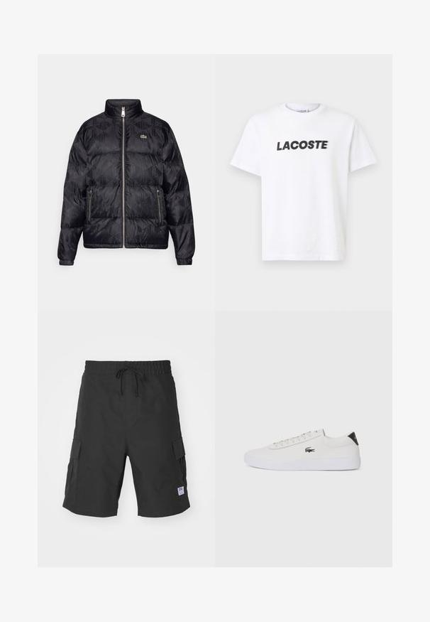 Lacoste Puhovka - black; Bela bombažna majica s poudarjenim črnim logotipom "LACOSTE" na prsih. Kratki rokavi in oblikovanje z okroglim izrezom.; Črne cargo hlače iz trpežne tkanine, z elastičnim pasom z vrvico, stranskimi žepi in poudarkom s šivano oznako.; Bela usnjena tenisa s okroglo sapo, vezavi na sprednji strani in črnim poudarkom na peti. Ima majhen izšit kroko logo na strani.