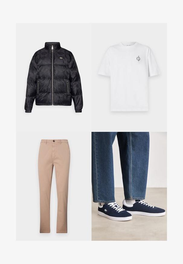 Lacoste Tollkabát - black; Fehér pamut póló laza szabással, kis fekete grafikai logóval a bal mellen. Rövid ujjak, kerek nyakkivágás.; Beige színű pamut keverék chino nadrág, egyenes szárú dizájnnal, elülső zsebekkel és egy gombos záródással. Sima textúra.; Kék vászon sportcipők fehér fűzőkkel és gumis talppal, farmernadrággal és szürke bordás zoknikkal együtt bemutatva, világosszürke felületen.