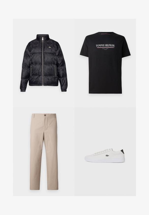 Lacoste Puhovka - black; Črnen bombažni majica s kratkimi rokavi, ki prikazuje belo in obarvano logo "TOMMY HILFIGER" z "NEW YORK" in "1985" v manjšem pisanju spodaj. Kroj s krožnim izrezom.; Bež hlače ravnega kroja iz bombaža. Imajo sprednje zapiranje na gumb, stranske žepe in preprost dizajn brez okrasnih detajlov.; Bela usnjena tenisa s okroglo sapo, vezavi na sprednji strani in črnim poudarkom na peti. Ima majhen izšit kroko logo na strani.
