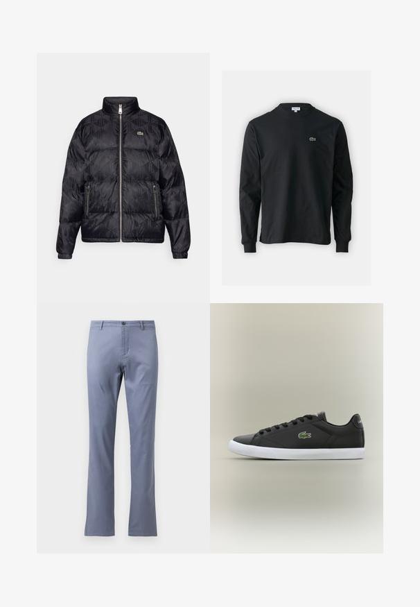 Lacoste Μπουφάν με πούπουλα - black; Μαύρο μπλουζάκι με μακριά μανίκια από βαμβάκι, με στρογγυλή λαιμόκοψη και μικρό πράσινο κεντητό λογότυπο κροκοδείλου στην αριστερή πλευρά του στήθους.; Απαλά μπλε βαμβακερό παντελόνι με ίσια γραμμή, επίπεδο μπροστινό μέρος, θηλιές για ζώνη και ένα κουμπί για κλείσιμο στη μέση. Χωρίς εμφανή σχέδια.; Μαύρα δερμάτινα sneakers με λευκή καουτσούκ σόλα, με χαρακτηριστικό το πράσινο λογότυπο κροκόδειλου και στρογγυλά κορδόνια, κομψός σχεδιασμός με λείο υφή.