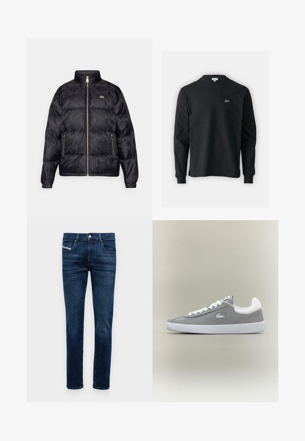 Lacoste Sulejope - black; Must musta särk pikad varrukad, valmistatud puuvillast, ümar kaelus ja vasakul rinnal väike rohelise värvi tikandiga krokodillilogoga.; Meeste tumesinised kitsaskones teksased viie taskuga, nööbiga kinnitamine ja õrn kulumine reite ja põlvede piirkonnas.; Halliga nubukist tennisekingad valge kummist tallaga, nööridega kinnitamine ja tikkimisega logo küljepeal. Minimalistlik disain klassikalise siluettiga.