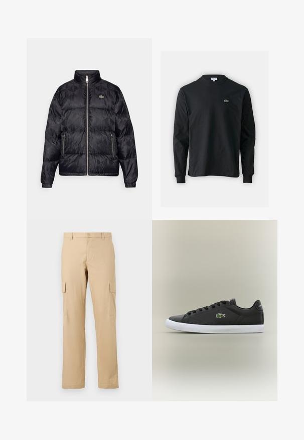 Lacoste Dūnu jaka - black; Melna garām piedurknēm t-krekls, izgatavots no kokvilnas, ar apaļu kakla izgriezumu un mazu zaļu izšūtu krokodila logo kreisajā krūtī.; Bežīgas kokvilnas bikses ar taisnu griezumu, ar sānu kabatām un pogu aizdari jostasvietā. Gluda tekstūra, bez jebkādiem rakstiem.; Melnas ādas sporta apavas ar baltu gumijas zoli, rotāts ar zaļu krokodila logotipu un apaļām šņorēm, elegants dizains ar gludu tekstūru.