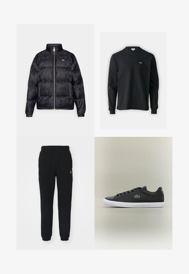 Lacoste Pūkinė striukė - black; Juodas ilgomis rankovėmis marškinėliai iš medvilnės, turintys apvalią iškirptę ir mažą žalią išsiuvinėtą krokodilo logotipą kairėje krūtinės pusėje.; Juodi sportiniai kelnių tipo apatiniai, pagaminti iš minkštos medžiagos, su elastinga juosta ir rankogaliais. Kairėje pusėje yra mažas žalias logotipas.; Juodos odinės sportbačiai su baltais guminiais padais, turintys žalią krokodilo logotipą ir apvalias raišteles, elegantiškas dizainas su lygia tekstūra.
