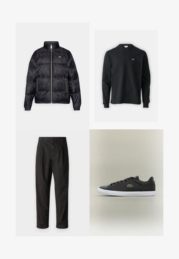 Lacoste Puhovka - black; Črna dolgi rokavi majica iz bombaža, z okroglim ovratnikom in majhnim zelenim vezenim logotipom krokodila na levem prsnem delu.; Črne hlače iz gladkega materiala, s straight leg dizajnom, sprednjimi pregibi in gumbom za zapiranje v pasu.; Črne usnjene superge z belo gumijasto podplatom, z zelenim krokodiljim logotipom in okroglimi vezalkami, elegantna zasnova z gladko teksturo.