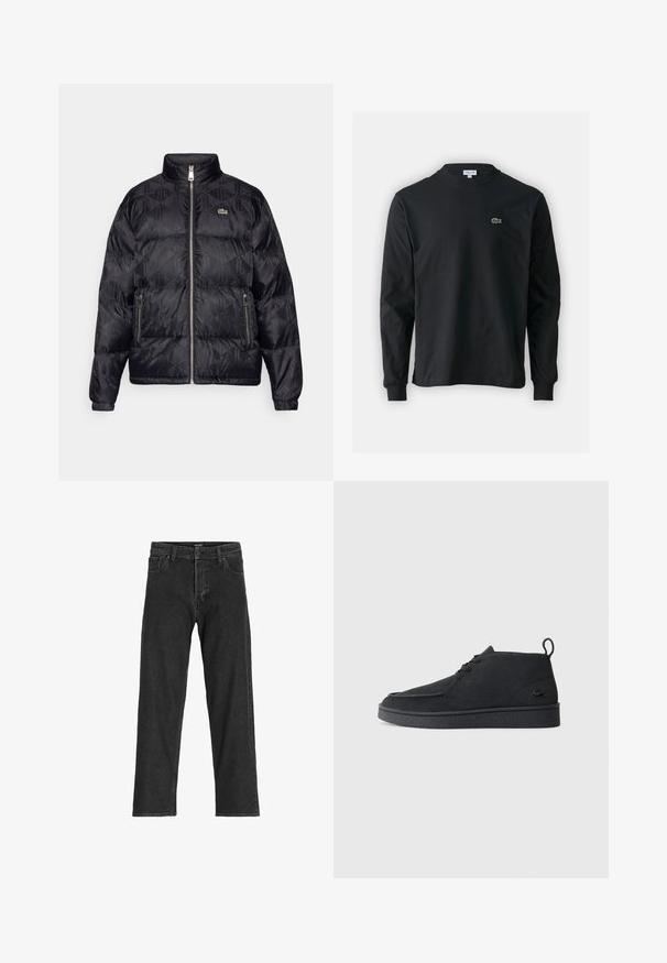 Lacoste Down jacket - black; Black long-sleeve t-shirt made of cotton, featuring a round neckline and a small green embroidered crocodile logo on the left chest.; Black denim jeans with a straight leg design, featuring a zip fly, belt loops, and six pockets, made from a sturdy cotton blend fabric.; Black suede lace-up ankle boot with pull tab and textured sole, featuring small embossed crocodile logo on the side.