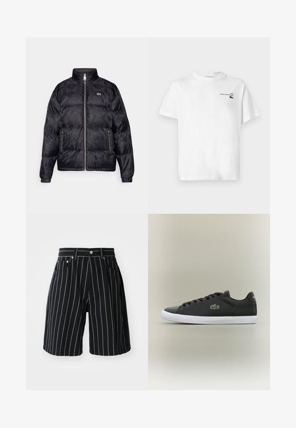 Lacoste Puhovka - black; Bela bombažna majica z okroglim izrezom, kratkimi rokavi in majhnim črnim logotipom z napisom "PARIS FRENCH SPORTSWEAR." Klasičen kroj; gladka tekstura.; Črne prugaste kratke hlače iz bombaža, ki vključujejo kontrastne bele vertikalne črte, zapiranje na gumb in sprednje žepe.; Črne usnjene superge z belo gumijasto podplatom, z zelenim krokodiljim logotipom in okroglimi vezalkami, elegantna zasnova z gladko teksturo.