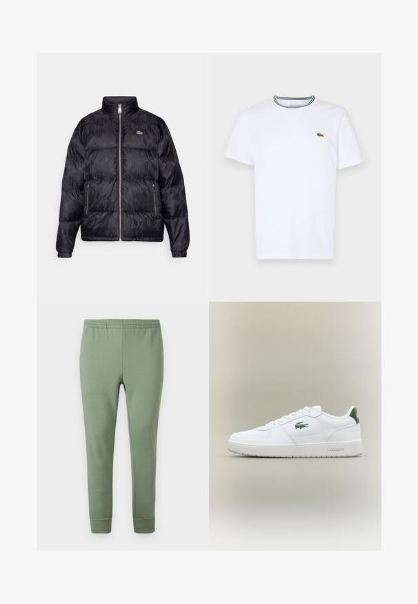 Lacoste Páperová bunda - black; Biela bavlnená tričko s krátkym rukávom a rebrovaným golierom s zelenými a čiernymi pruhmi; malá zelená vyšitá logo na ľavej hrudi.; Svetlozelené jogger nohavice z mäkkej látky s elastickým pásom, zúženými nohavicami a rebrovanými manžetami pri členkoch.; Biele kožené tenisky s hladkým povrchom, zelenými akcentami na päte a zeleným logom na boku. Majú plochú podrážku a okrúly špičku.