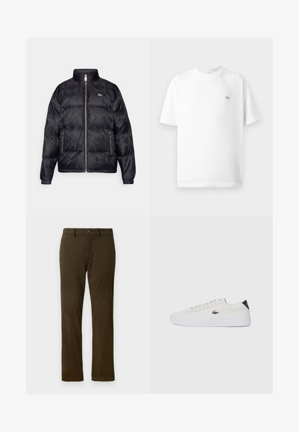 Lacoste Pūkinė striukė - black; Balta medvilninė marškinėlių su apvaliu kaklu ir trumpomis rankovėmis. Yra mažas juodas Lacoste logotipas kairėje krūtinės pusėje.; Tamsiai žali chinos tipo kelnių klasikinis siluetas, diržo kilpos ir priekinis mygtuko užsegimas. Lygi, tekstūruota medžiaga su tiesiomis kojomis.; Balti odiniai sportbačiai su apvalia nosimi, raištelių užsegimu priekyje ir juodu akcentu ant kulno. Šone yra mažas išsiuvinėtas krokodilo logotipas.