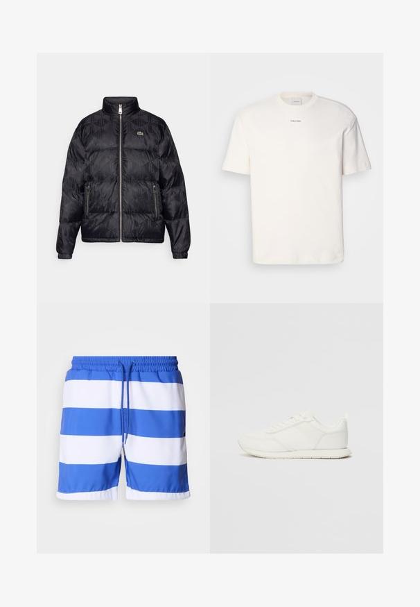 Lacoste Páperová bunda - black; Biely bavlnený tričko s okrúhlym výstrihom, krátkymi rukávmi a vyšívaným logom "Calvin Klein" na strede hrude. Jednoduchý dizajn.; Modré a biele pruhované plavecké šortky vyrobené z ľahkej látky, so všitou elastickou gumou a hladkým povrchom.; Biele tenisky s sieťovaným a syntetickým zvrškom, okrúly špička, ploché šnúrky a štruktúrovaný pruh na boku. Gumová podrážka s pútkom na zadnej strane.
