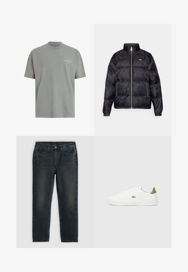 Lacoste Bunda z prachového peří - black; Šedé bavlněné tričko s kulatým výstřihem, krátkými rukávy a decentním bílým potiskem na levém prsu. Hladká textura a volný střih.; Tmavě modré džíny z denimu se střihy rovnými nohavicemi, obsahující pět kapes, zipový pas a kontrastní šití. Jemné blednutí na látce.; Bílé tenisky s hladkým povrchem, s zeleným akcentem na patě a malým vyšívaným logem krokodýla na boku.