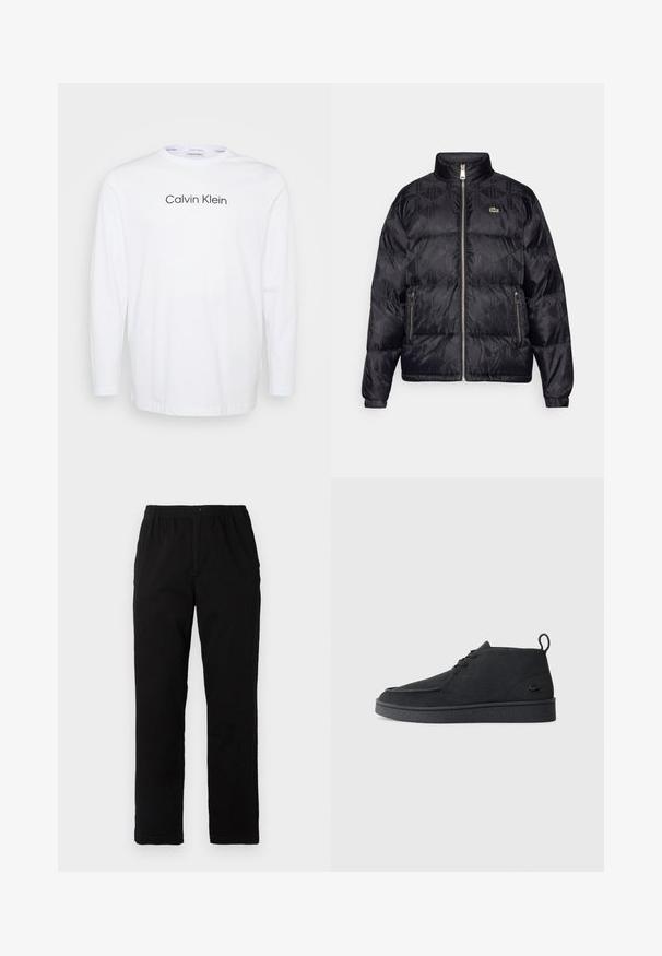 Lacoste Tollkabát - black; Hosszú ujjú fehér póló, pamutból készült, kerek nyakkal, sötétszürke "Calvin Klein" logóval a mellkasán.; Fekete pamut keverék anyagú nadrág, egyenes szabású, rugalmas derékrésszel és gombbal, látható minták vagy díszítések nélkül.; Fekete velúr, fűzős bokacsizma, húzófüllel és texturált talppal, oldalt kis, dombornyomott krokodil logóval.
