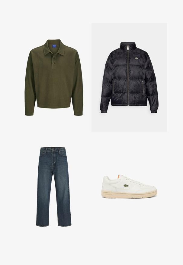 Lacoste Tollkabát - black; Olíva zöld, hosszú ujjú pólóing, texturált anyagból készült. Gallérral, három gombos nyakrésszel és laza fazonnal rendelkezik.; Sötétkék farmernadrág magas derekú, bő szárú kialakítással, enyhe kopással és klasszikus öt zsebes stílusban. Elöl gombos és cipzáros záródás.; Fehér bőr sportcipő bézs talppal, kerek fűzősárral, hímzett zöld krokodil logóval és narancssárga részlettel a nyelvén.
