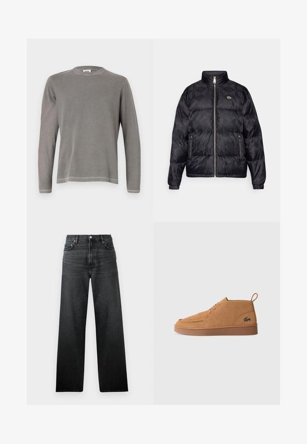Lacoste - Kurtka puchowa; Szara koszulka z długim rękawem, z okrągłym dekoltem, wykonana z miękkiej bawełny, z prostym przeszyciem wzdłuż krawędzi i mankietów.; Czarne dżinsy o prostym kroju, z pięcioma kieszeniami i zapięciem na guziki. Materiał ma lekki połysk i widoczną fakturę.; Brązowe zamszowe buty na sznurówki sięgające kostki z gumową podeszwą i pętelką, z charakterystycznym logo krokodyla z boku.