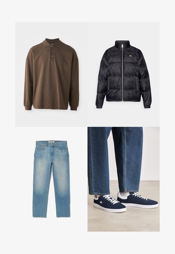 Lacoste Dūnu jaka - black; Brūns garām piedurknēm polo krekls ar apkakli, trim pogām un ribotām aprocēm. Izgatavots no mīksta kokvilnas materiāla, ar brīvu piegriezumu.; Gaiši zila džinsa bikses ar taisnu kāju dizainu, piecām kabatām un nedaudz izbalējušu krāsu. Iekļauj sudraba detaļas un zīmola jostas etiķeti.; Zili auduma sporta apavi ar baltām stīgām un gumijas zolēm, izlikti kopā ar džinsiem un pelēkām ribotām zeķēm, uz gaiši pelēka pamata.