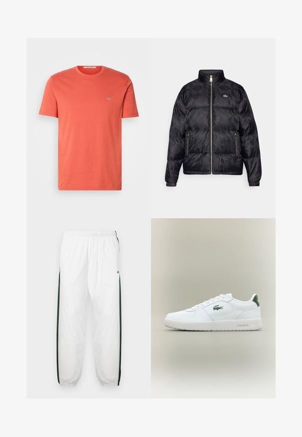 Lacoste Chaqueta de plumas - black; Camiseta de algodón de manga corta en color coral con cuello redondo y un pequeño logo bordado en el pecho. Textura suave y ajuste regular.; Pantalones de chándal blancos con paneles laterales de color verde oscuro. Material ligero, cinturilla elástica y dobladillos con puños. Presenta textura de malla en los paneles laterales.; Zapatilla de cuero blanca con un acabado suave, acentos verdes en el talón y un logotipo verde en el lateral. Presenta una suela plana y una puntera redonda.