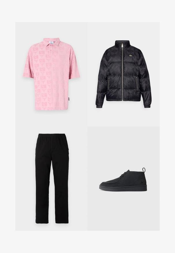 Lacoste Tollkabát - black; Rózsaszín pólóing textúrált mintázattal, ismétlődő motívumokkal. Rövid ujjú és klasszikus gallérral, elöl gombokkal.; Fekete pamut keverék anyagú nadrág, egyenes szabású, rugalmas derékrésszel és gombbal, látható minták vagy díszítések nélkül.; Fekete velúr, fűzős bokacsizma, húzófüllel és texturált talppal, oldalt kis, dombornyomott krokodil logóval.