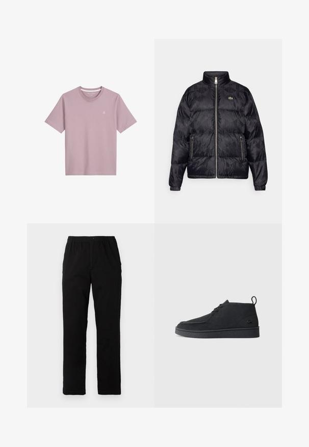 Lacoste Piumino - black; T-shirt rosa chiaro a maniche corte realizzata in tessuto morbido, con scollo rotondo e piccolo logo ricamato sul petto.; Pantaloni neri realizzati in un tessuto misto cotone, caratterizzati da un taglio dritto, vita elastica con bottone e senza motivi o dettagli visibili.; Stivale alla caviglia in suede nero con lacci, dotato di una linguetta per il tiraggio e suola testurizzata, caratterizzato da un piccolo logo a forma di coccodrillo embossato sul lato.