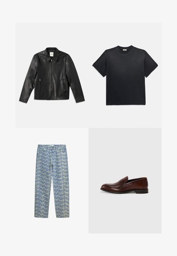 Mustat nahkatakki, jossa on terävä kaulus, vetoketjukiinnitys ja kaksi sivutaskua. Siinä on sileä pinta ja muotonsa mukautuva istuvuus.; Mustanmusta puuvillapaita, jossa on pyöreä kaula-aukko ja lyhyet hihat. Ominaisuudet: rento istuvuus, sileä rakenne ja minimalistinen muotoilu.; Vaaleansiniset farkut, joissa on teksturoitu, aaltoa jäljittelevä kuvio tummansinisellä ja kermaisin sävyillä. Varustettu tavanomaisella viiden taskun muotoilulla ja etupainikkeella.; Ruske nahkakengät, joissa on pyöreä varvas, etuosan remmiyksikkö ja matala pinottu korko. Tasainen pinta, jossa on minimaalinen koristelu.