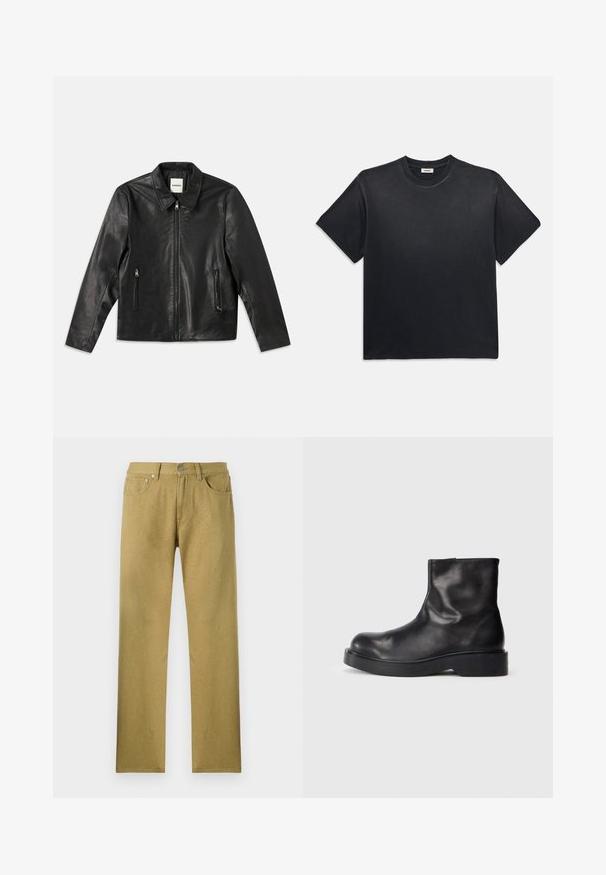 Black leather jacket with a pointed collar, zippered front, and two side pockets. Features smooth texture and a tailored fit.; Black cotton t-shirt with a round neckline and short sleeves. Features a relaxed fit, smooth texture, and minimalistic design.; Olive green, straight-leg pants featuring front pockets, a button closure, and a subtle textured pattern across the fabric.; Black leather ankle boots with a rounded toe, smooth texture, and a chunky black rubber sole. Minimalist design with no visible hardware.