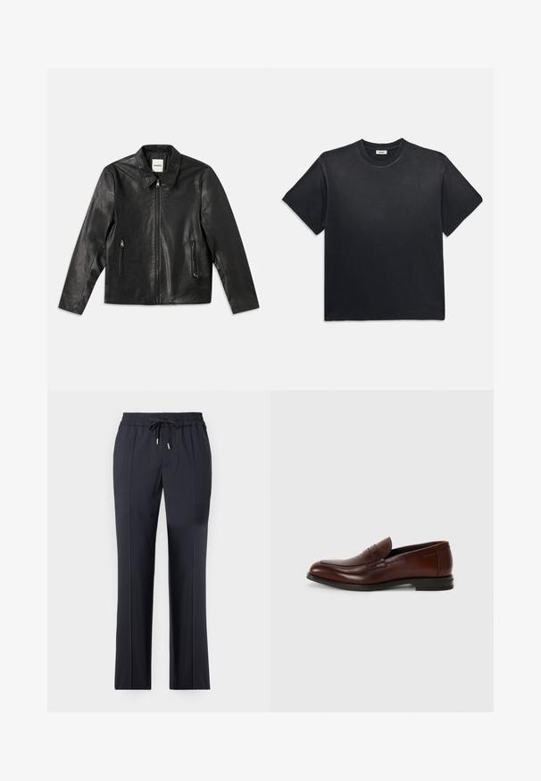 Schwarze Lederjacke mit spitzem Kragen, Reißverschluss auf der Vorderseite und zwei seitlichen Taschen. Sie hat eine glatte Textur und eine taillierte Passform.; Schwarzes Baumwoll-T-Shirt mit rundem Ausschnitt und kurzen Ärmeln. Verfügt über eine lockere Passform, eine glatte Textur und ein minimalistisches Design.; Schwarze, dehnbare Hosen mit elastischem Bund und Kordelzug. Gerader Schnitt mit Seitentaschen und glatter, weicher Textur.; Braune Lederloafers mit runder Zehenform, einem vorderen Riemen-Detail und einem niedrigen, gestapelten Absatz. Glatte Textur mit minimalen dekorativen Akzenten.