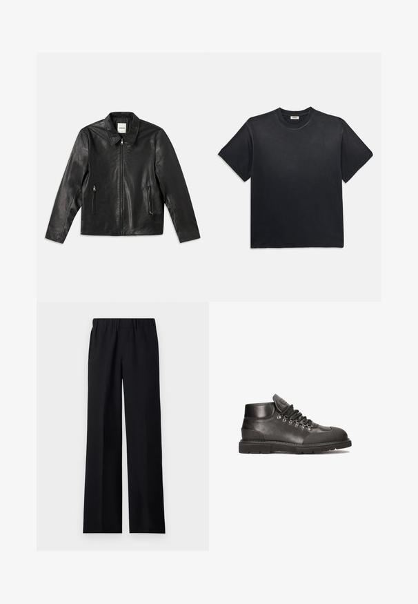 Zwarte leren jas met een puntige kraag, ritssluiting aan de voorkant en twee zijzakken. Heeft een gladde textuur en een getailleerde pasvorm.; Zwarte katoenen t-shirt met een ronde halslijn en korte mouwen. Heeft een ontspannen pasvorm, een gladde textuur en een minimalistisch ontwerp.; sandro LARGE - Broek - noir; Zwarte leren enkellaarzen met een gestructureerde afwerking, ronde neus, metalen oogjes en een dikke rubberen zool. Voorzien van een gepolsterde enkel voor extra ondersteuning.