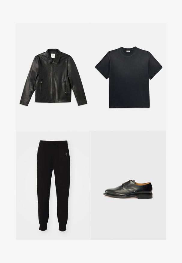 Fekete bőrdzseki hegyes gallérral, cipzáros elülső résszel és két oldalsó zsebbel. Simább textúrával és testreszabott fazonnal rendelkezik.; Fekete pamut póló kerek nyakkivágással és rövid ujjakkal. Lazább fazon, sima textúra és minimalista design jellemzi.; Fekete pamut melegítőnadrág, állítható derékpánttal, szűkített lábakkal és hímzett logóval a bal oldalon. Simaszerkezet.; Fekete bőr dresszcipő sima felülettel, kerek orral és minimális fűzéssel. Diszkrét dizájn jellemzi, alacsony, masszív gumitalpakkal.