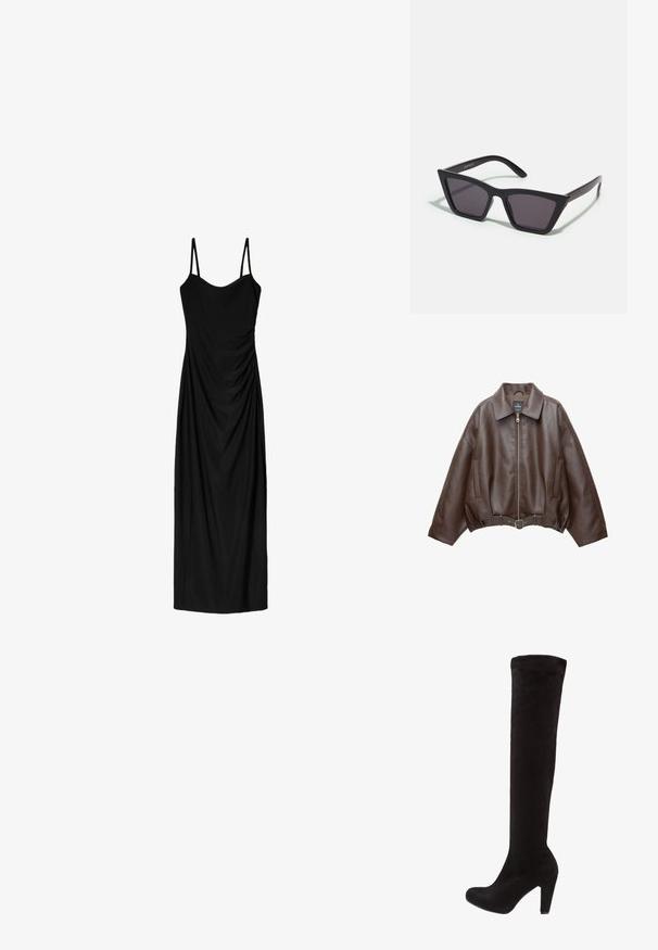 Kavaj s ošišanim donjim dijelom od smeđe umjetne kože s širokim ovratnikom, prednjim patentnim zatvaračem, bočnim džepovima i remenom u struku. Glatka tekstura, udoban kroj.; Crna midi haljina s tankim podesivim trakama, koja ima drapirani dizajn i glatku teksturu. Nema vidljivih uzoraka ili ukrasa.; Crne čizme preko koljena izrađene od mekog nubuka, s uskim dizajnom i visokim, debelim potplatom. Glatka tekstura s minimalnim dodacima.; Crne, uglaste sunčane naočale sa sivoj lećama; izrađene od plastike, imaju debele nogice s glatkom površinom i bez vidljivih metalnih dijelova.