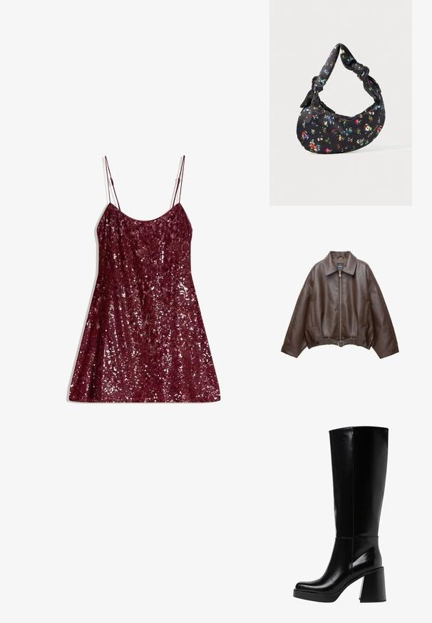 Ruskea tekonahkainen lyhyt takki, jossa leveä kaulus, edessä vetoketju, sivutaskut ja vyötäröllä vyö. Sileä pinta, rento istuvuus.; Burgundivärgen klänning i paljetter med tunna justerbara band, A-linjeform och en glänsande yta, med full paljettäckning för bländande effekt.; Musta polvipitkä saappaat, jotka on valmistettu kiiltävästä materiaalista. Niissä on jämäkkä lohkokanta ja pyöristetty kärki. Saumavyötärö juoksee ulkosivua pitkin.; Mustasilmäinen kuution muotoinen käsilaukku, jossa on värikäs kukkakuosi ja solmittu kahva, sekä pieni metallinen logo alakulmassa.