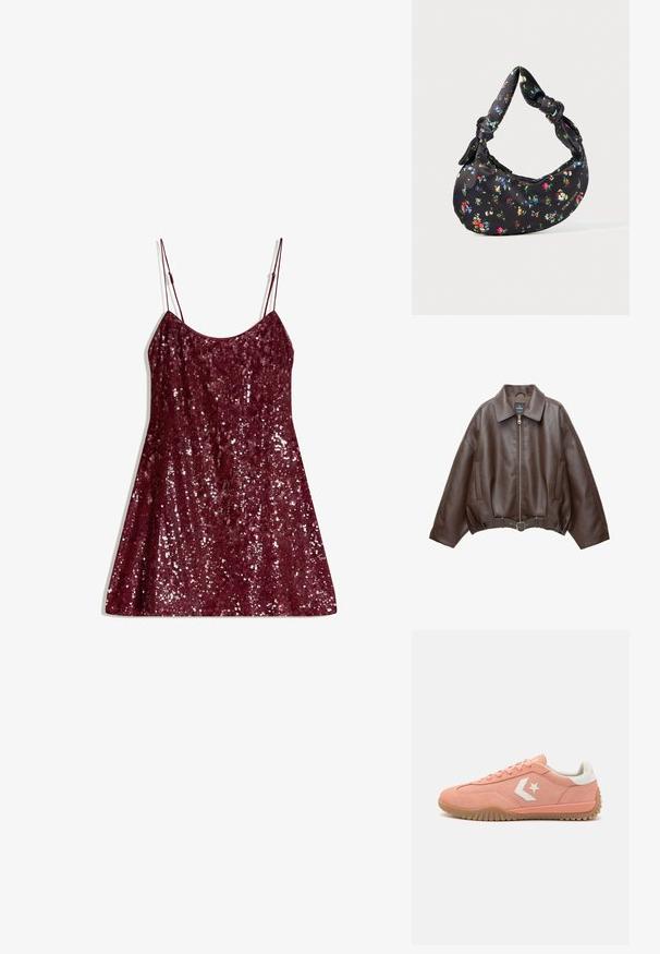 Brun kort jakke i imiteret læder med bred krave, lynlås foran, sidelommer og bælte i taljen. Glat tekstur, afslappet pasform.; Burgunderfarvet kjole med paljetter, tynde justerbare stropper, A-formet silhuet og en skinnende overflade, der har fuld dækning af paljetter for glimt.; Lyserøde ruskinds sneakers med hvide accenter, snørebåndsdesign, en struktureret gummisål og et stjernelogo på siden. Lav profil og letvægts.; Sort halvmåneformet handbag med farverigt blomstermotiv og knudrede håndtag, der har et lille metallogo i nederste højre hjørne.