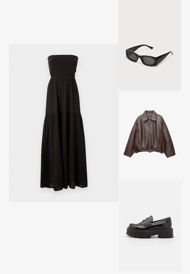 Kavaj s ošišanim donjim dijelom od smeđe umjetne kože s širokim ovratnikom, prednjim patentnim zatvaračem, bočnim džepovima i remenom u struku. Glatka tekstura, udoban kroj.; Crna maksi haljina bez naramenica, izrađena od teksturirane tkanine, s naboranom bodicom i slojevitim suknjama, pružajući lepršavu siluetu.; Madden Girl CALISTA - Obuća za navlačenje - black; Crne sunčane naočale s pravokutnim okvirom, tamnim lećama i reljefnim stranama. Imaju moderan, suvremen dizajn i odvažne siluete.
