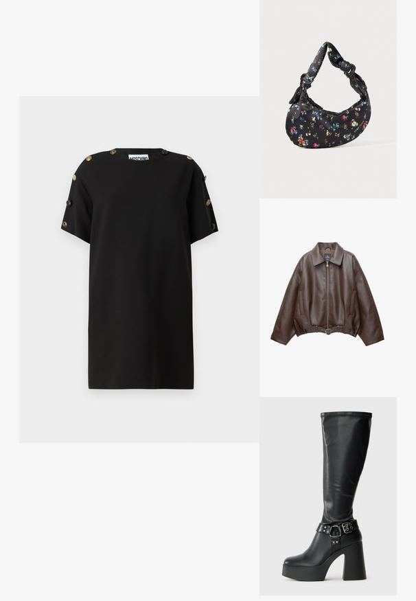 Kavaj s ošišanim donjim dijelom od smeđe umjetne kože s širokim ovratnikom, prednjim patentnim zatvaračem, bočnim džepovima i remenom u struku. Glatka tekstura, udoban kroj.; Crna kratka majica s kratkim rukavima od glatkog materijala, s velikim dekorativnim gumbima na ramenima i ležernim krojem. Okrugli dekolte.; Crne čizme do koljena s platformom i sjajnom završnom obradom, s širokim blok petama i remenom s kopčom oko gležnja.; Crna torba u obliku polumjeseca s šarenim cvjetnim uzorkom i čvorastim ručkama, s malim metalnim logom na donjem desnom kutu.